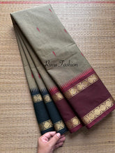 Grey Kanchi Cotton Saree With Ganga Jamuna Rettapet Border and handmade thread buttas