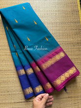 Peacock Blue Shade Kanchi Cotton Saree With Ganga Jamuna Border & Handmade thread buttas