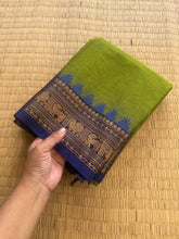 RF169 Green with contrast royal combination small border Kanchi cotton saree with Yazhi, Annam & Thazhampoo Pattern Zari border