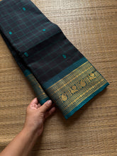 RF586 Black with teal blue combination Kanchi Kattam / checks pattern saree with handmade thread buttas