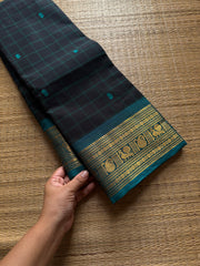 RF586 Black with teal blue combination Kanchi Kattam / checks pattern saree with handmade thread buttas
