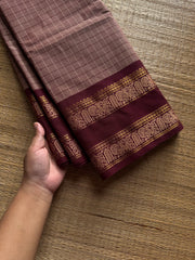 RF1250 Vintage Kattam ~ Biscuit shade with maroon Premium Kanchi Cotton Saree with Minimal Zari & checks pattern