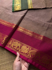 RF770 Dual tone Grey shade Kanchi cotton saree with Ganga Jamuna border and fully minute horizontal stripped lines on the body