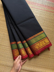 RF519 Black with red and green combination Kanchi cotton saree with unique border