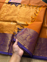 RF126 Dual tone rust orange shade Premium Kanchi Cotton saree With Vaira Oosi pattern and intricate Rich Zari woven Pallu