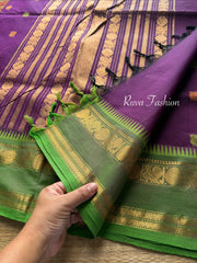 Purple with Green Combination Premium Kanchi Cotton saree With intricate Rich Zari woven Pallu and handmade Buttas