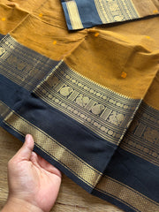 RF288 Mustard with black combination Kanchi cotton saree with Rettapet border and handmade thread buttas