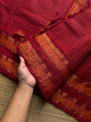 RF983 The Reddish Maroon Kattam Edition: Kanchi Cotton Saree with Minimal Zari & checks pattern