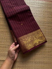 RF1410 Monotone deep maroon ~ Vanasingaram border Kanchi cotton saree with handmade thread buttas