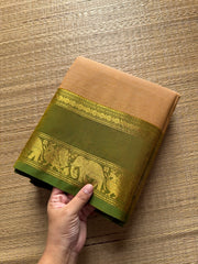 Beige shade Kanchi cotton saree with small horizontal stripped pattern with unique Ganga Jamuna border