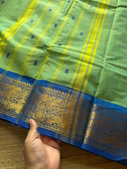 RF294 Dual tone Turquoise green shade with royal blue combination Kanchi cotton saree with Vanasingaram pattern border & handmade golden Zari Buttas