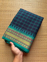 RF366 Navy blue shade with teal blue combination Kattam / checks pattern Kanchi cotton saree