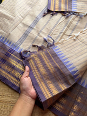 RF532 Half white with light lavender Combination Kanchi Cotton Saree With Stripped pattern