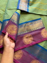 RF329 Dual tone turquoise green shade Kattam / checks pattern Kanchi cotton saree with contrast zari & thread woven border