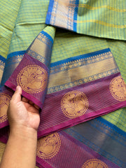 RF329 Dual tone turquoise green shade Kattam / checks pattern Kanchi cotton saree with contrast zari & thread woven border