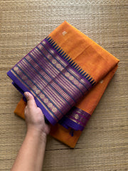 RF387 Dual tone mango shade and contrast violet border Kanchi cotton saree with handmade thread buttas