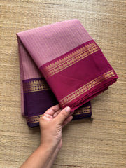 RF213 Pastel onion Pink Shade Kanchi cotton saree with golden Vaira Oosi pattern and unique dark pink and deep purple combination Ganga Jamuna Rettapet Border