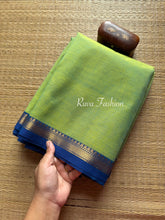 RF83 Dual tone Turquoise green / apple green with contrast small blue Zari border Kanchi cotton saree
