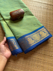RF196 Sea green shade with contrast Royal blue combination traditional Korvai style border Kanchi cotton saree with vaira Oosi pattern