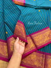 RF131 Dark Peacock Blue Shade With contrast magenta pink combination Vanasingaram border Kanchi cotton saree with striped pattern & handmade thread buttas