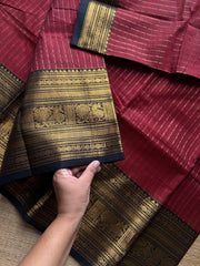 RF1167 Premium Vaira Oosi Pattern Kanchi cotton saree ~ Reddish maroon with black