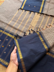 RF515 Grey with navy blue combination Vintage Border Kanchi Cotton Saree with kattam / checks pattern & handwoven Buttas on the border