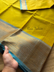 RF95 Dual tone yellow with sky blue border combination Kanchi cotton saree with checks / Kattam pattern