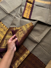 RF927 Grey with brown ~ Premium Kanchi Cotton Saree With golden Zari varia Oosi pattern