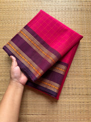 RF461 Rani Pink shade Soft Kanchi cotton Kattam / checks pattern saree with contrast purple combination thread border