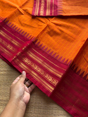 RF1045 Orange with maroon combination Kanchi cotton saree with vertical stripes pattern