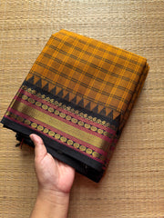 RF367 Mustard with black combination Kattam / checks pattern Kanchi cotton saree