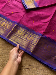 RF1294 Magenta pink shade Kanchi cotton saree with Podikattam / small checks pattern & handmade thread buttas