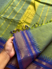 RF186 Green with contrast blue shade medium size border Kanchi cotton saree