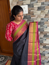 RF154 Black Kanchi Cotton Saree With contrast pink and parrot green combination medium size border with golden stripped lines Pallu