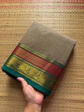 RF473 Grey Kanchi cotton saree with horizontal small stripped pattern and unique multi color peacock pattern Zari border