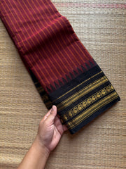 RF1043 Maroon with black combination Kanchi cotton saree with vertical stripes pattern