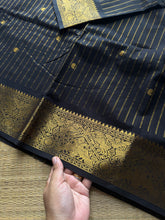 RF762 Monotone black shade Vanasingaram border Kanchi cotton saree with vaira Oosi weaving & handmade golden Zari buttas