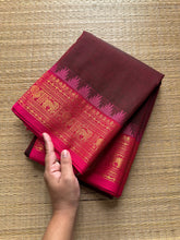 RF280 Maroon Shade Kanchi Cotton Saree With Contrast Pink Annam and Yazhi pattern Zari border