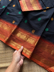 RF1392 Black ~ Premium Rich Pallu Kanchi cotton saree with Annam pattern gap border