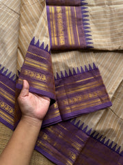 RF1351 Pastel Edition ~ Cream with light purple shade combination Kanchi cotton saree with stripped pattern