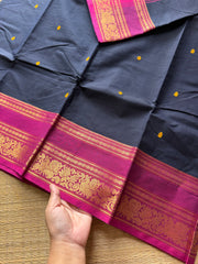 RF450 Dark Navy Blue with pink combination Kanchi cotton saree with Annam and lotus pattern border & handmade thread buttas