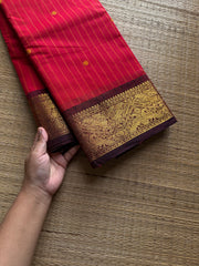 RF1260 Chilli red with brown ~ Premium Kanchi cotton saree with Vanasingaram border and handmade thread buttas