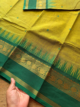 RF325 Green with dark green combination Thazhampoo pattern Kanchi cotton saree with handmade thread buttas