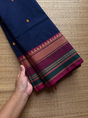 RF802 Navy blue shade thread border Kanchi cotton saree with handmade thread buttas