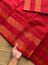 RF1018 Kattam Edition ~ Chilli red Premium Kanchi Cotton Saree with Minimal Zari & checks pattern