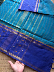 Peacock Blue shade kanchi cotton saree with Vintage Style Border kattam checks pattern & handwoven Buttas on the border