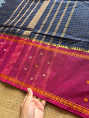 Navy blue shade Vintage Border Kanchi Cotton Saree With kattam / checks pattern & handwoven Buttas on the border