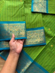 RF613 Vanasingaram Border ~ Green with sky blue combination veritical stripped pattern Kanchi cotton saree & handmade golden Zari Buttas