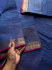 Dual tone royal blue shade Kanchi cotton saree with vaira Oosi pattern & contrast mango Zari border