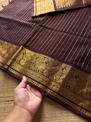 RF660 Rich Pallu Kanchi Cotton Saree with Vairaoosi Pattern ~ Monotone deep coffee brown